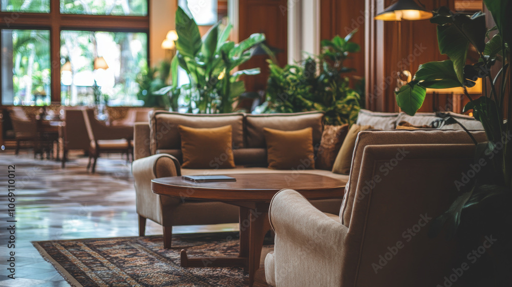 A stylish hotel lobby with a luxurious conference room, spa, and restaurant is waiting for guests. The cozy and inviting atmosphere makes it feel like a relaxing resort. A stylish hotel lobby with a luxurious conference room, spa, and restaurant is waiting for guests. The cozy and inviting atmosphere makes it feel like a relaxing resort.