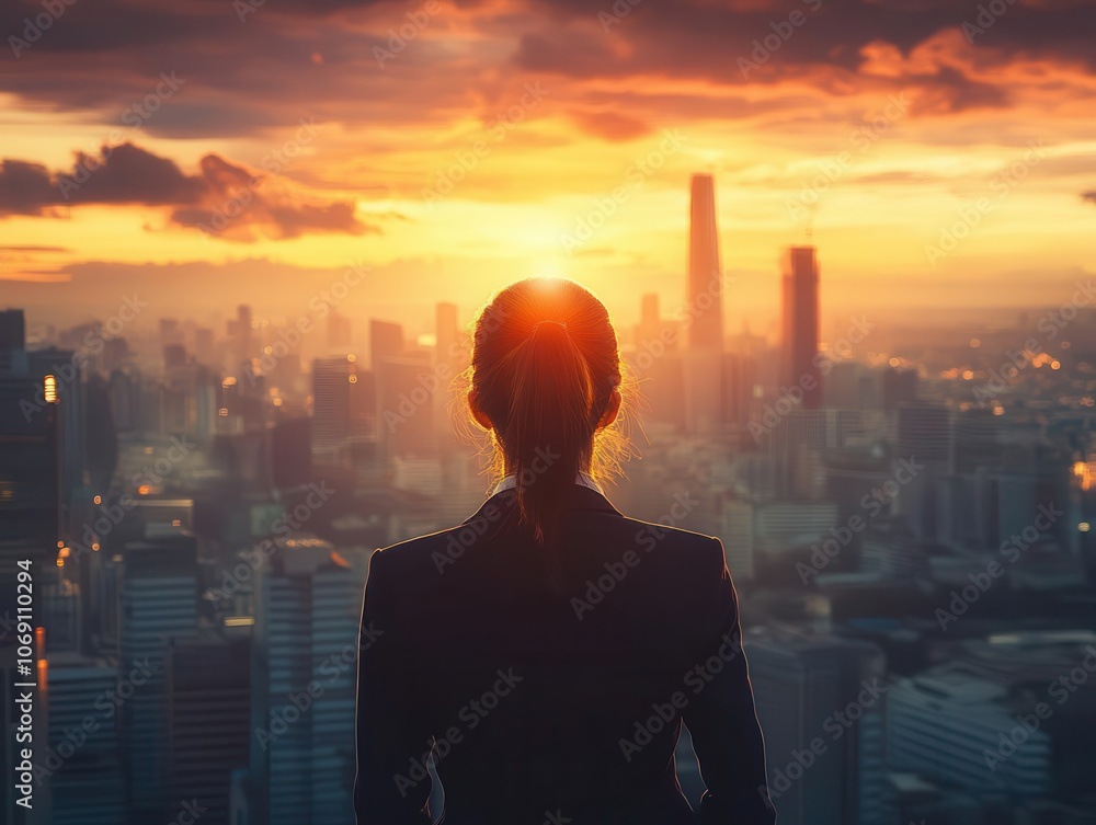 back view of a determined executive woman in formal attire gazing at a sprawling city skyline during sunset, with dramatic clouds and warm hues symbolizing ambition and success back view of a determined executive woman in formal attire gazing at a sprawling city skyline during sunset, with dramatic clouds and warm hues symbolizing ambition and success