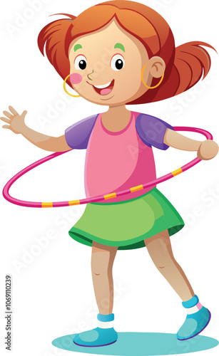 Redhead girl playing with hula hoop, smiling and having fun