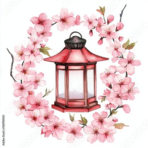 Japaneseinspired cherry blossoms surrounding lanterns, isolated on white background, cultural essence and purity photo