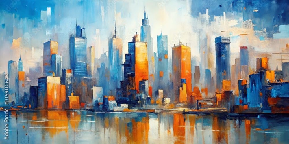 Abstract Cityscape with Water Reflection, Oil on Canvas, Blue and Orange, Urban Art, Modernism, Cityscapes, Abstract Art Abstract Cityscape with Water Reflection, Oil on Canvas, Blue and Orange, Urban Art, Modernism, Cityscapes, Abstract Art