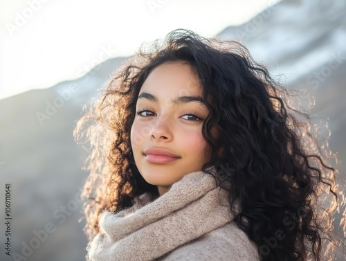 beautiful girl with curly dark hair gazing against a breathtaking mountain backdrop, dressed in neutral tones, soft sunlight spilling over her serene expression, conveying a sense of peace and wonder