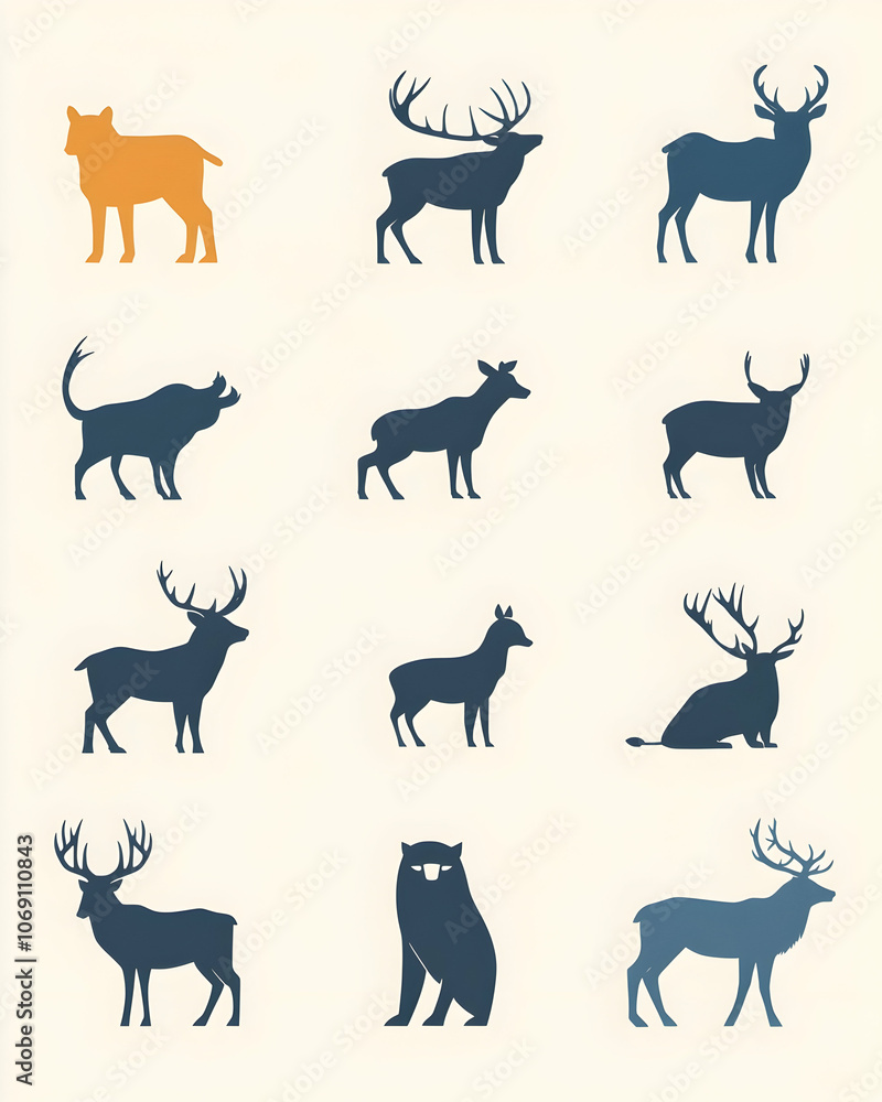 Set of 10 blue and orange animal silhouettes. Set of 10 blue and orange animal silhouettes.