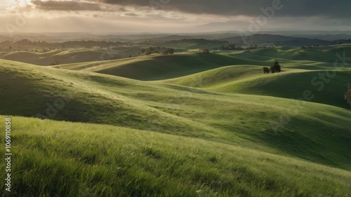 Sunrise Over Rolling Green Hills and Meadows in Countryside 