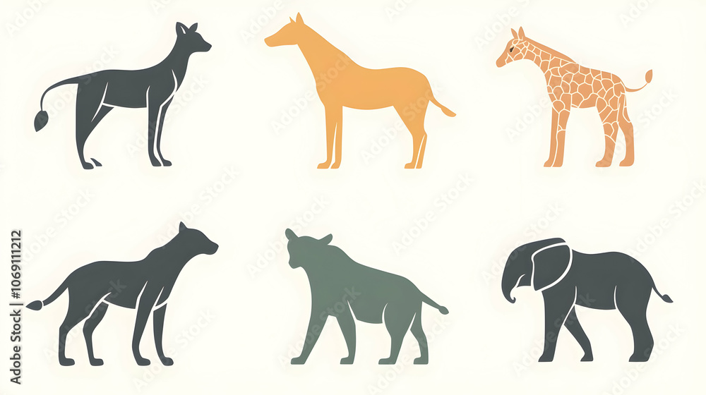 Set of six silhouette icons representing different African animals, including a lion, a giraffe, an elephant, and a wolf, in various shades of brown, green, and gray on a white background. Set of six silhouette icons representing different African animals, including a lion, a giraffe, an elephant, and a wolf, in various shades of brown, green, and gray on a white background.