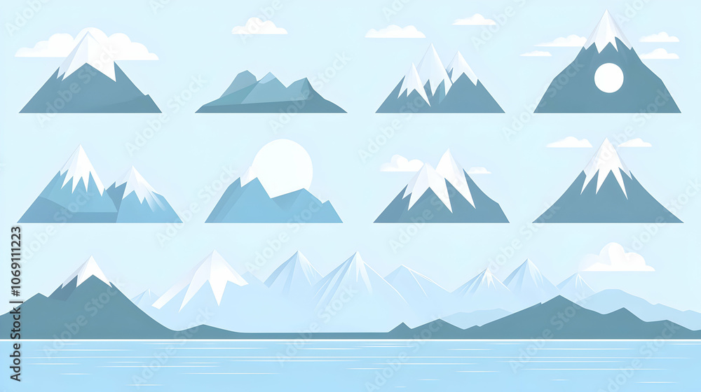 Set of snowy mountain peaks in different shapes and sizes. Set of snowy mountain peaks in different shapes and sizes.