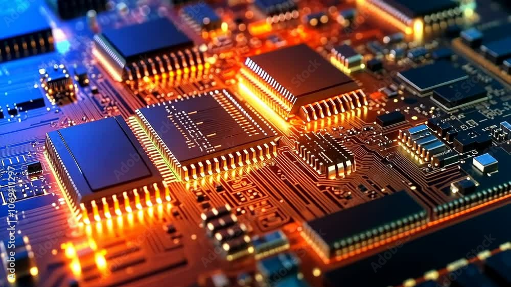 A close-up of a circuit board with glowing components A close-up of a circuit board with glowing components
