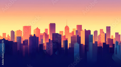 Silhouetted cityscape at sunrise with a colorful gradient sky.