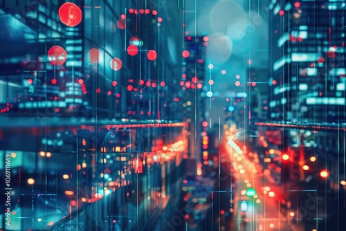 Abstract digital business panel on blurry night city background. Inovation concept. Double exposure