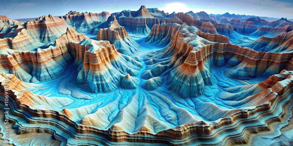 Obraz premium Aerial View of a Colorful Canyon, 3D Render, Blue and Orange Hues, Canyon, Landscape, Nature