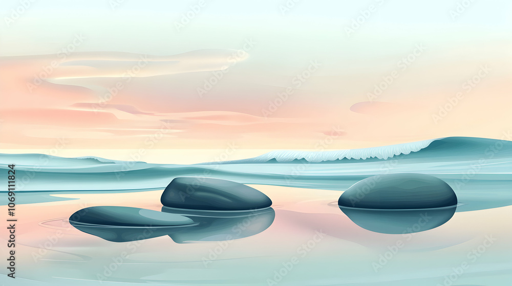 Three smooth stones rest on a still lake at dawn with a snow-covered mountain range in the distance. Three smooth stones rest on a still lake at dawn with a snow-covered mountain range in the distance.