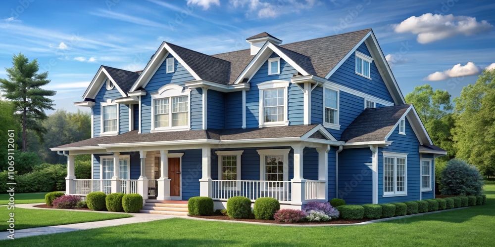 Blue House with White Trim and Porch, 3D Rendering, Exterior Design, Front View, Home Design, House, Dream Home Blue House with White Trim and Porch, 3D Rendering, Exterior Design, Front View, Home Design, House, Dream Home