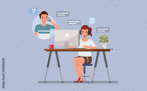 customer woman service representative assisting a client over the phone or via chat character vector illustration design. Customer Service Interaction concept.
