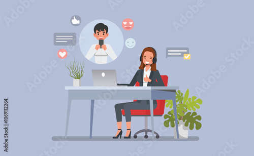 customer woman service representative assisting a client over the phone or via chat character vector illustration design. Customer Service Interaction concept.