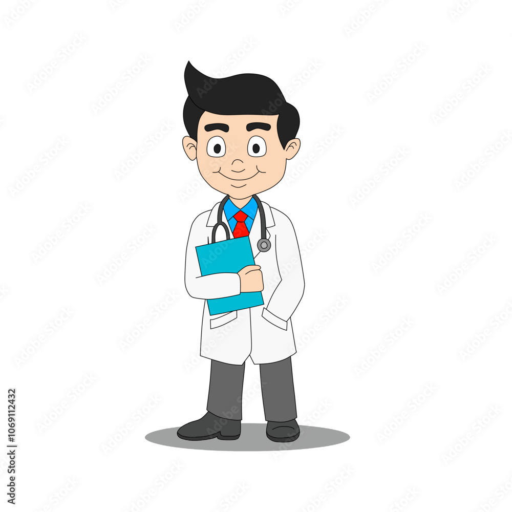 Cheerful cartoon doctor character holding health documents, wearing a white coat and stethoscope. Perfect for health care, medical content, and children's health education. Cheerful cartoon doctor character holding health documents, wearing a white coat and stethoscope. Perfect for health care, medical content, and children's health education.