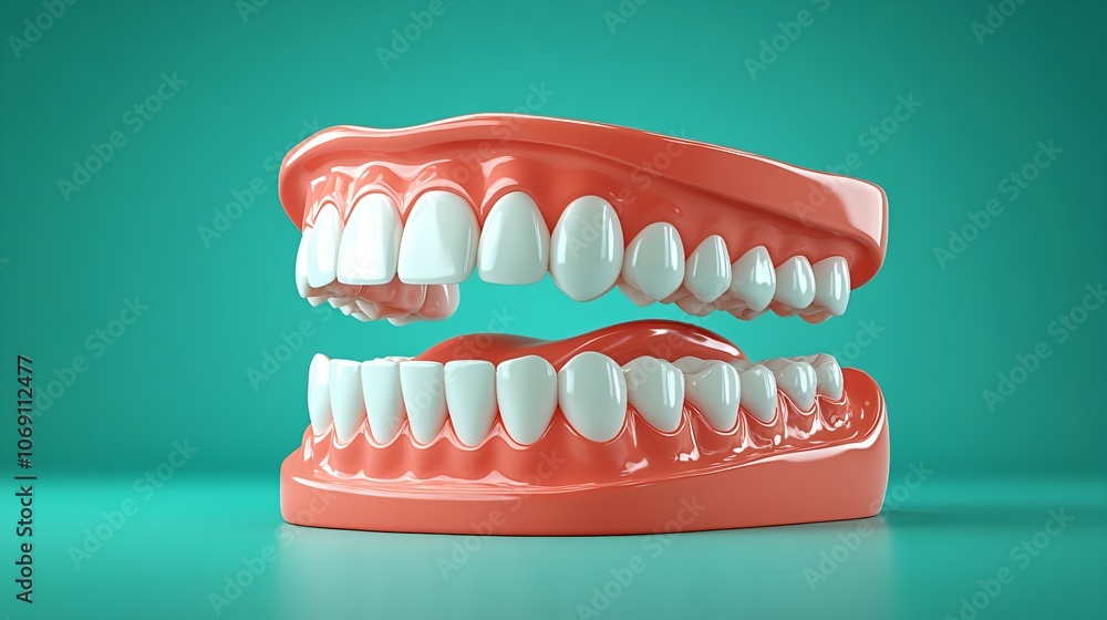 Obraz premium 3d Dental model with white teeth on soft teal background denatal oral health copy space