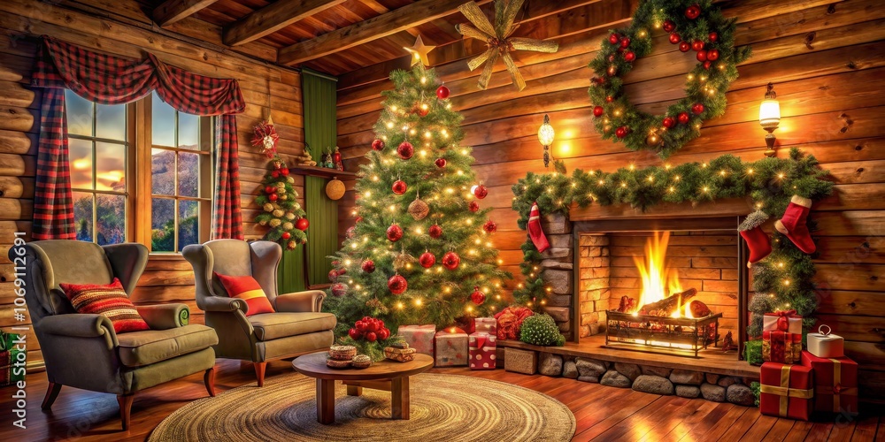 Cozy Cabin Christmas with a Christmas Tree, Presents, and a Fireplace, Christmas , Fireplace , Cabin Cozy Cabin Christmas with a Christmas Tree, Presents, and a Fireplace, Christmas , Fireplace , Cabin