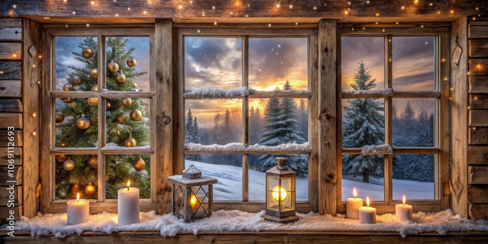 Cozy Cabin Window View with Candles and Lanterns, Christmas Tree, Winter Wonderland, Snow, Christmas, Winter, Cabin Cozy Cabin Window View with Candles and Lanterns, Christmas Tree, Winter Wonderland, Snow, Christmas, Winter, Cabin