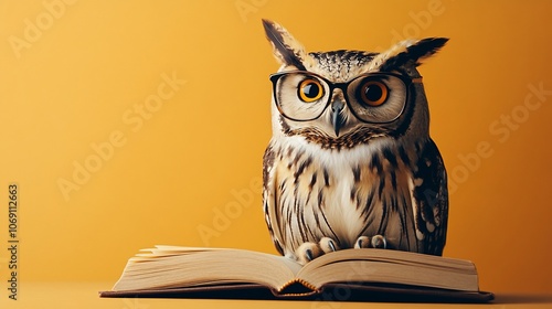 Wallpaper Mural A wise owl wearing glasses sits on a book against a yellow background. Torontodigital.ca
