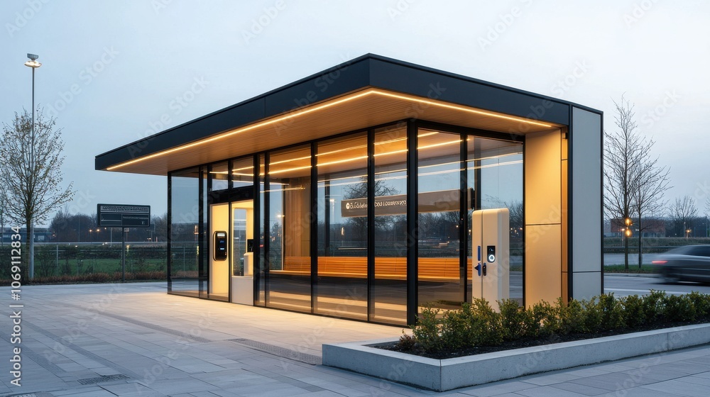 Fototapeta premium Innovative highway rest stop features electric car charging stations for modern travelers