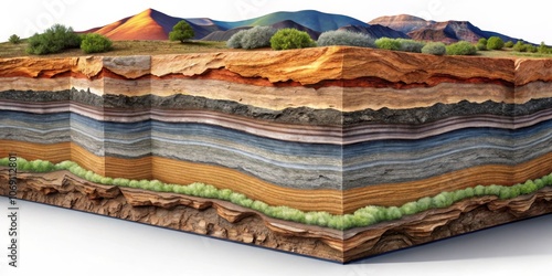 Cross-Section of Earth's Layers with Colorful Hills and Lush Vegetation, 3D Rendering, Geology, Earth Science, Layers of Earth photo