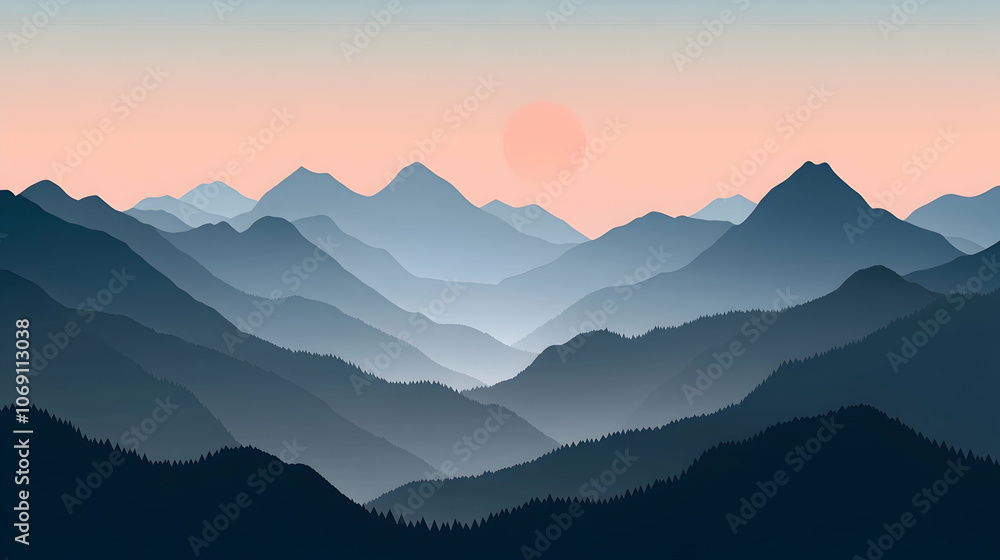 A panoramic view of a mountain range at sunset with a pink sky. A panoramic view of a mountain range at sunset with a pink sky.