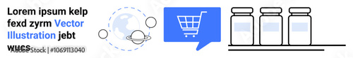 Shopping cart icon, three jars on shelves, and planet with orbiting elements in grayscale and blue colors. Ideal for e-commerce websites, digital marketplaces, online stores, product catalogs, global