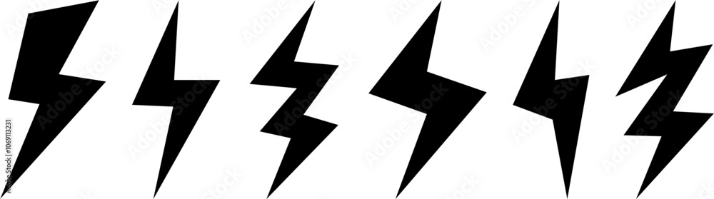 Vector lightning bolt icon set – bold, stylized electric lightning shapes for graphic design, energy themes, power symbols, and branding elements Vector lightning bolt icon set – bold, stylized electric lightning shapes for graphic design, energy themes, power symbols, and branding elements