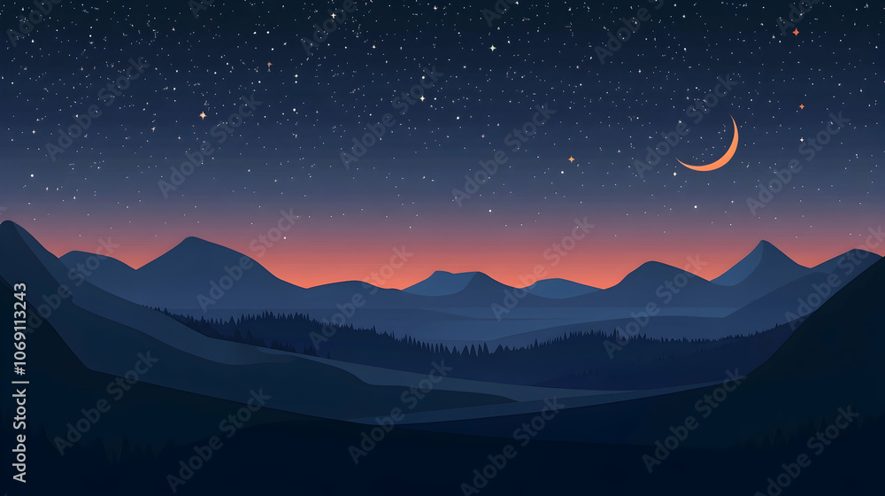 A scenic view of a mountain range under a crescent moon and a starry sky at night. A scenic view of a mountain range under a crescent moon and a starry sky at night.