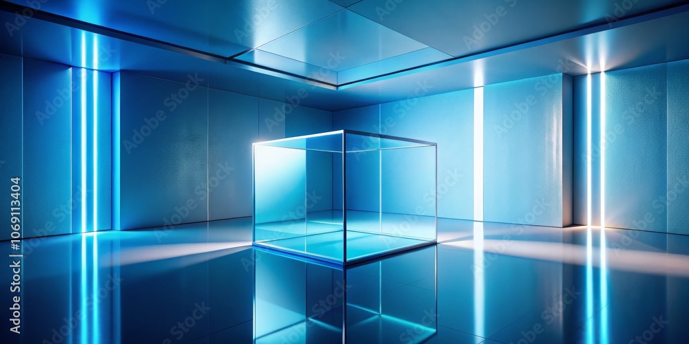 Glass Cube in Blue Neon Lit Room, 3D Rendering, Showcase, Product Display, Modern Architecture , 3d rendering, neon lights Glass Cube in Blue Neon Lit Room, 3D Rendering, Showcase, Product Display, Modern Architecture , 3d rendering, neon lights