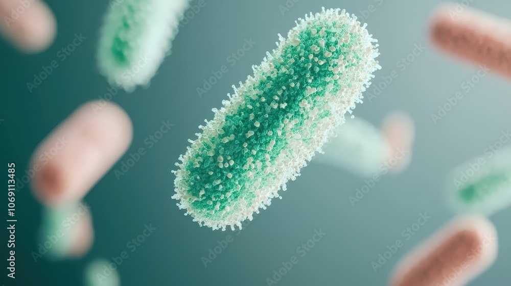 Fototapeta premium A vibrant illustration of bacteria in various shapes and colors, showcasing their microscopic details against a soft background.