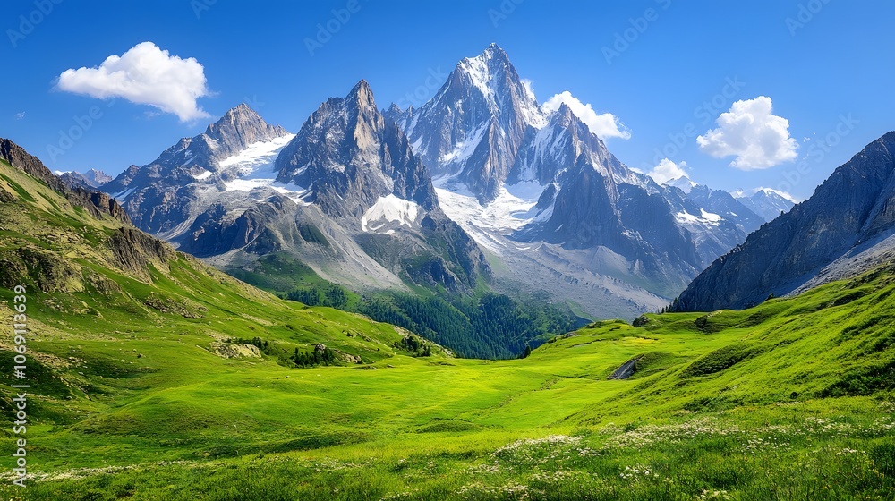 A majestic mountain range with snow-capped peaks towering above lush green valleys below A majestic mountain range with snow-capped peaks towering above lush green valleys below