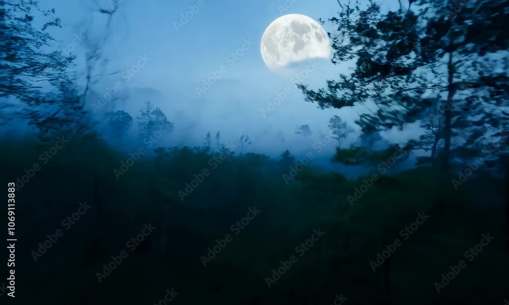Aerial fpv racing drone flying over Misty forest at night with moonlight. Foggy wood path. Spooky and mysterious Aerial fpv racing drone flying over Misty forest at night with moonlight. Foggy wood path. Spooky and mysterious