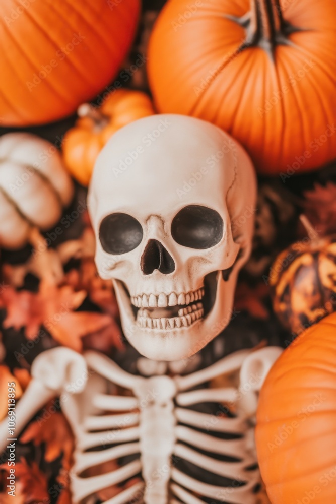 Spooky Halloween scene with a skull and pumpkins Spooky Halloween scene with a skull and pumpkins