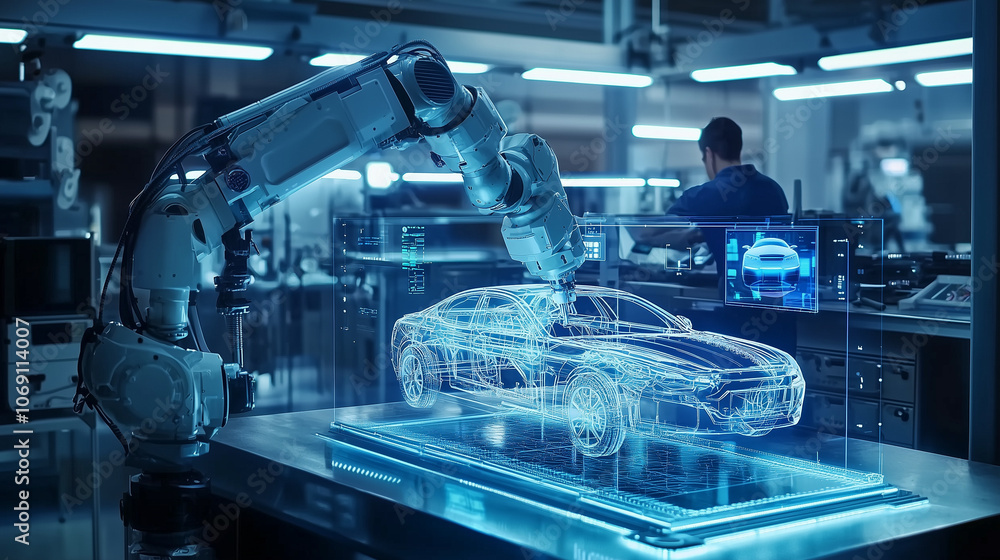 Futuristic Car Production Line with Robotic Arm and Holographic Display Showcasing High-Tech Automotive Design in Transparent Digital Screen Futuristic Car Production Line with Robotic Arm and Holographic Display Showcasing High-Tech Automotive Design in Transparent Digital Screen