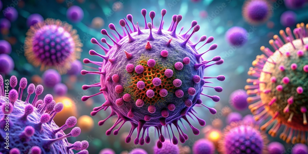 Microscopic View of a Purple Virus with Spiky Protrusions, 3D Render, Medical Illustration, Virus, Microbiology, Disease, Infection Microscopic View of a Purple Virus with Spiky Protrusions, 3D Render, Medical Illustration, Virus, Microbiology, Disease, Infection