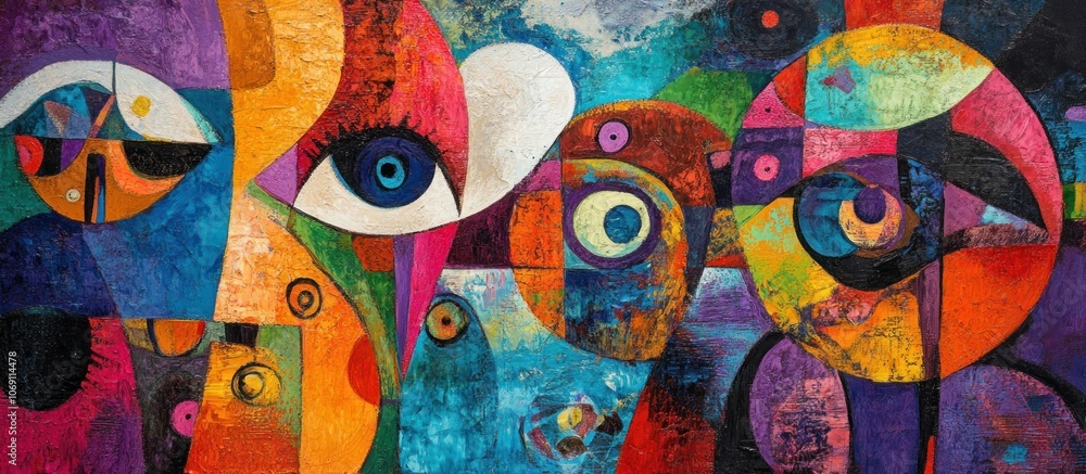 Fototapeta premium Abstract painting of colorful geometric shapes and eyes.