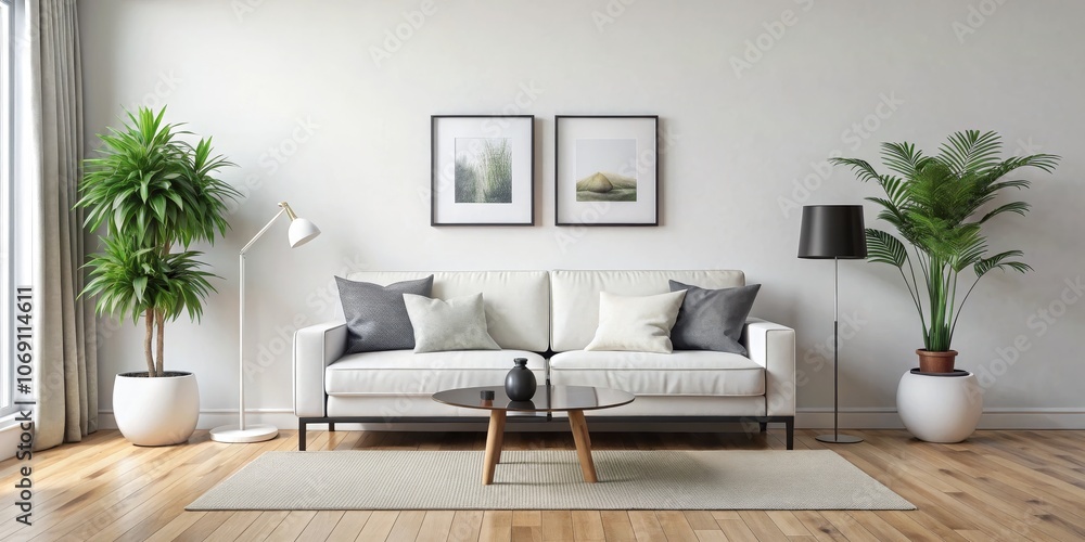 Minimalist Living Room with White Sofa and Greenery, Two Framed Prints, Wood Floor, Rug, Coffee Table, Floor Lamps, White Pots Minimalist Living Room with White Sofa and Greenery, Two Framed Prints, Wood Floor, Rug, Coffee Table, Floor Lamps, White Pots