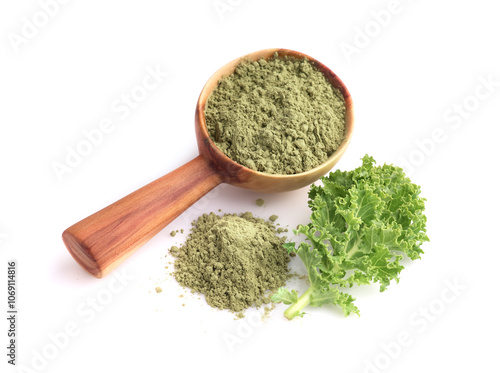 Kale leaves and powder on white background