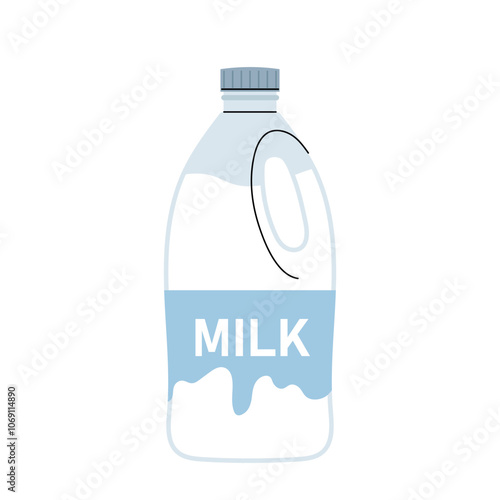 Pasteurised milk in a plastic canister or bottle. Milk product. Flat illustration on a white background.