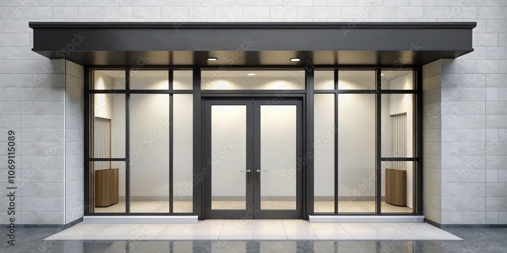 Obraz premium Modern storefront with black awning and glass doors, 3d rendering, storefront design, commercial architecture, retail space. storefront, architecture, retail
