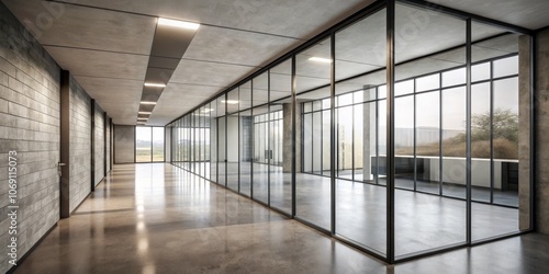 Modern Office Corridor with Glass Walls and Concrete Interior, architecture, interior design, office space