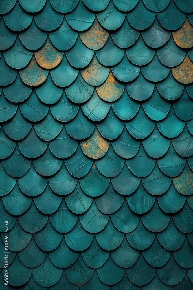 Teal fish scale texture with subtle gold accents and iridescent pattern Teal fish scale texture with subtle gold accents and iridescent pattern
