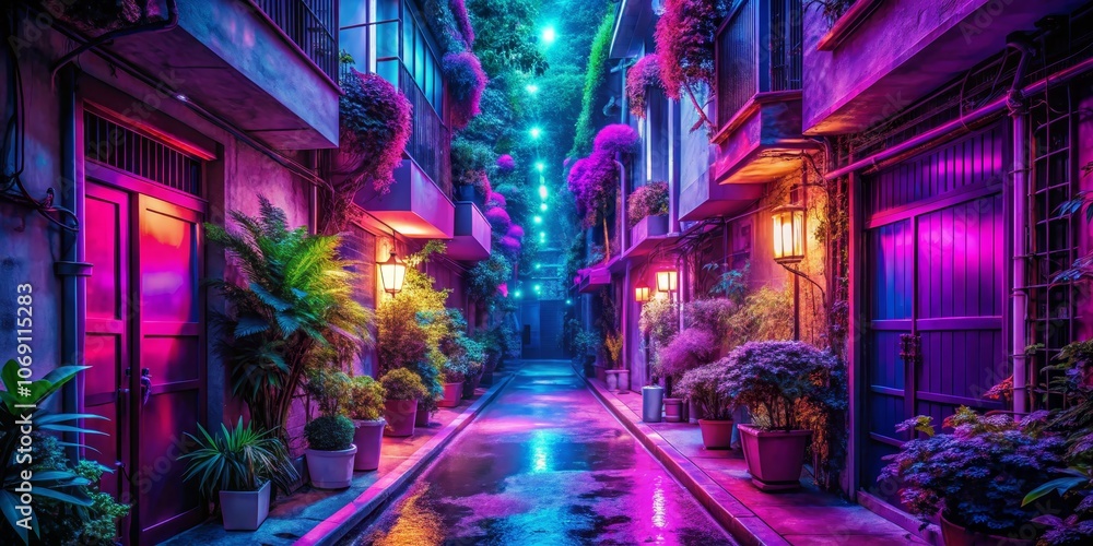 Obraz premium Neon-lit Alleyway in a Cityscape, Digital Art, 3D Illustration, Purple and Blue, Cyberpunk , Neon , Cyberpunk City