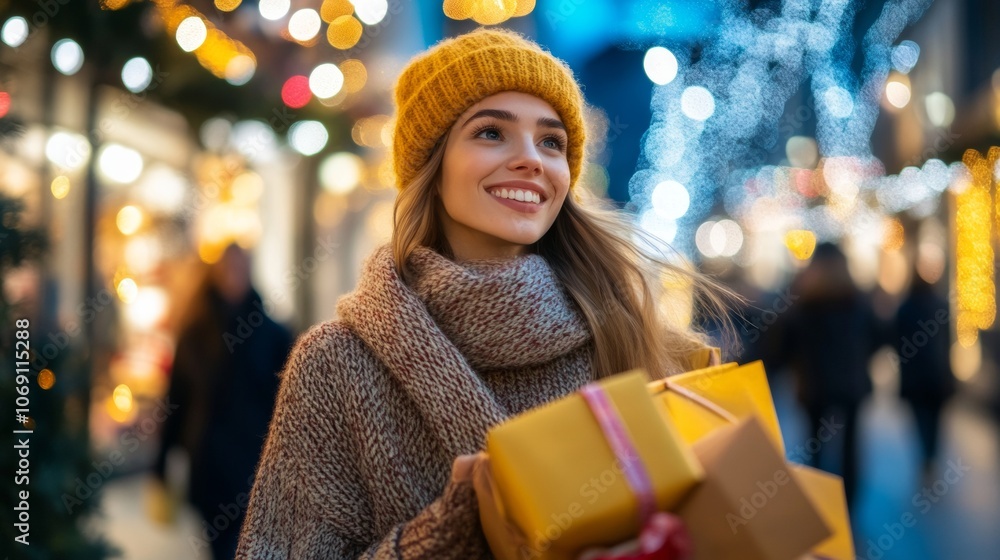 woman in coat smiling on the street with christmas gifts with bokeh lights in the background woman in coat smiling on the street with christmas gifts with bokeh lights in the background