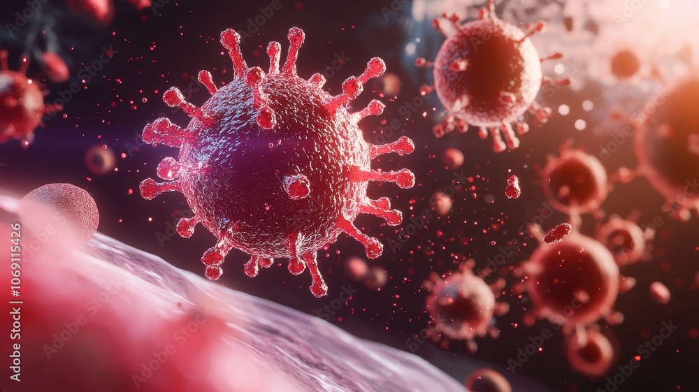 A close-up view of a virus, showcasing its intricate structure and surrounding particles in a colorful, scientific depiction. A close-up view of a virus, showcasing its intricate structure and surrounding particles in a colorful, scientific depiction.