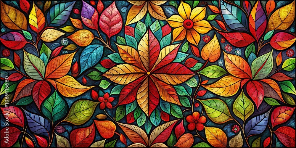Stained Glass Leaves and Flowers, Autumnal Mosaic, Floral Art, stained glass, fall, mosaic Stained Glass Leaves and Flowers, Autumnal Mosaic, Floral Art, stained glass, fall, mosaic
