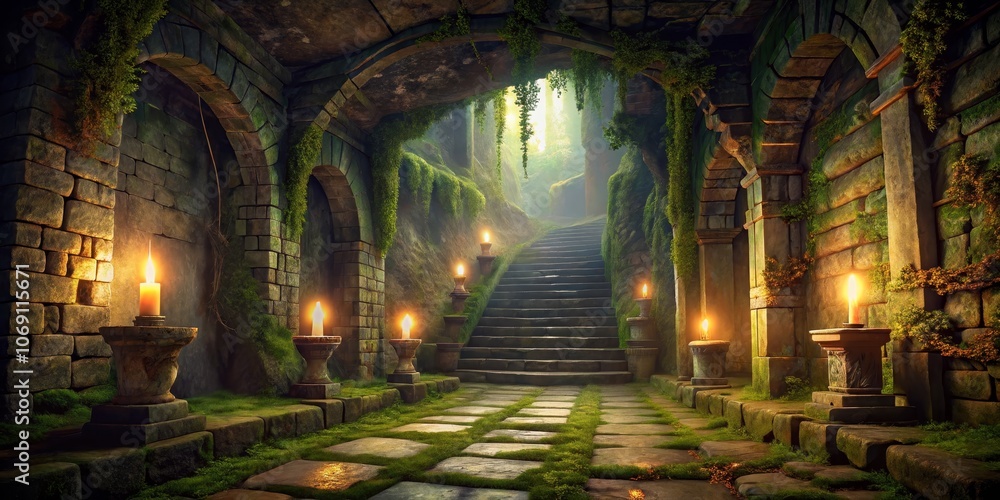 Fototapeta premium Stone Steps Lit by Candlelight in a Moss-Covered Archway, Fantasy, Ancient, Pathway, ,candlelight, ancient ruins