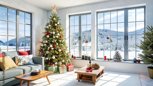 cozy lofi room for winter recreation and celebrating Christmas and New Year, pleasant night lighting with a large window and a view of winter nature, cozy home environment,