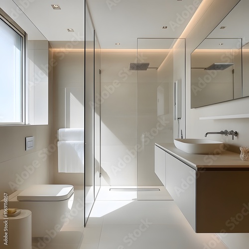 A minimalist bathroom featuring a walk-in shower, floating vanity, and sleek fixtures photo